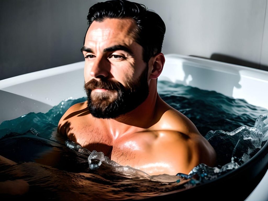 man soaking in a portable ice bath tub