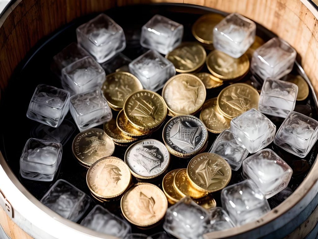 gold coins with ice cubes in a barrel