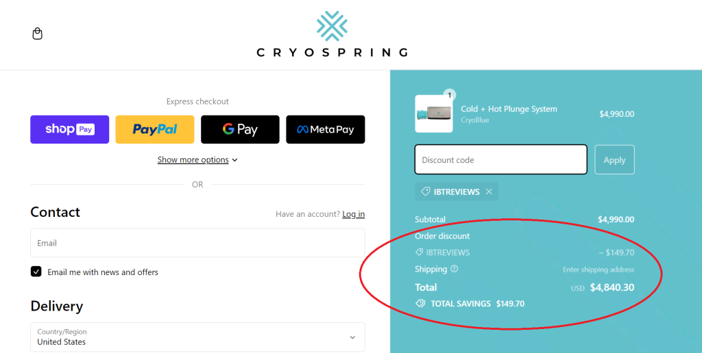 Cryospring Discount Code Applied for 3% Off Purchase Price