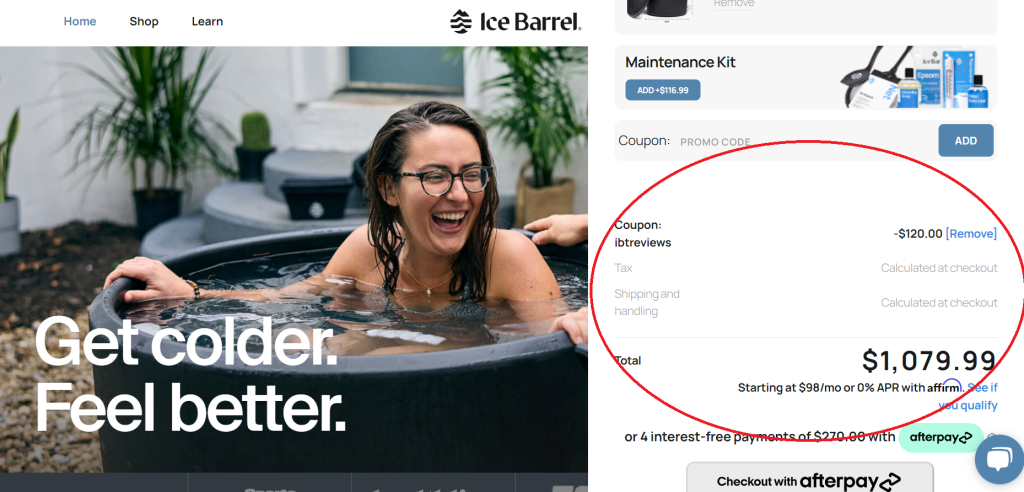 After Entering Exclusive Ice Barrel Discount Code IBTREVIEWS Your $120 Discount is Applied