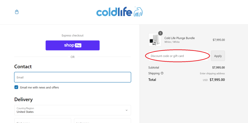 Input the Cold Life Plunge Discount Code